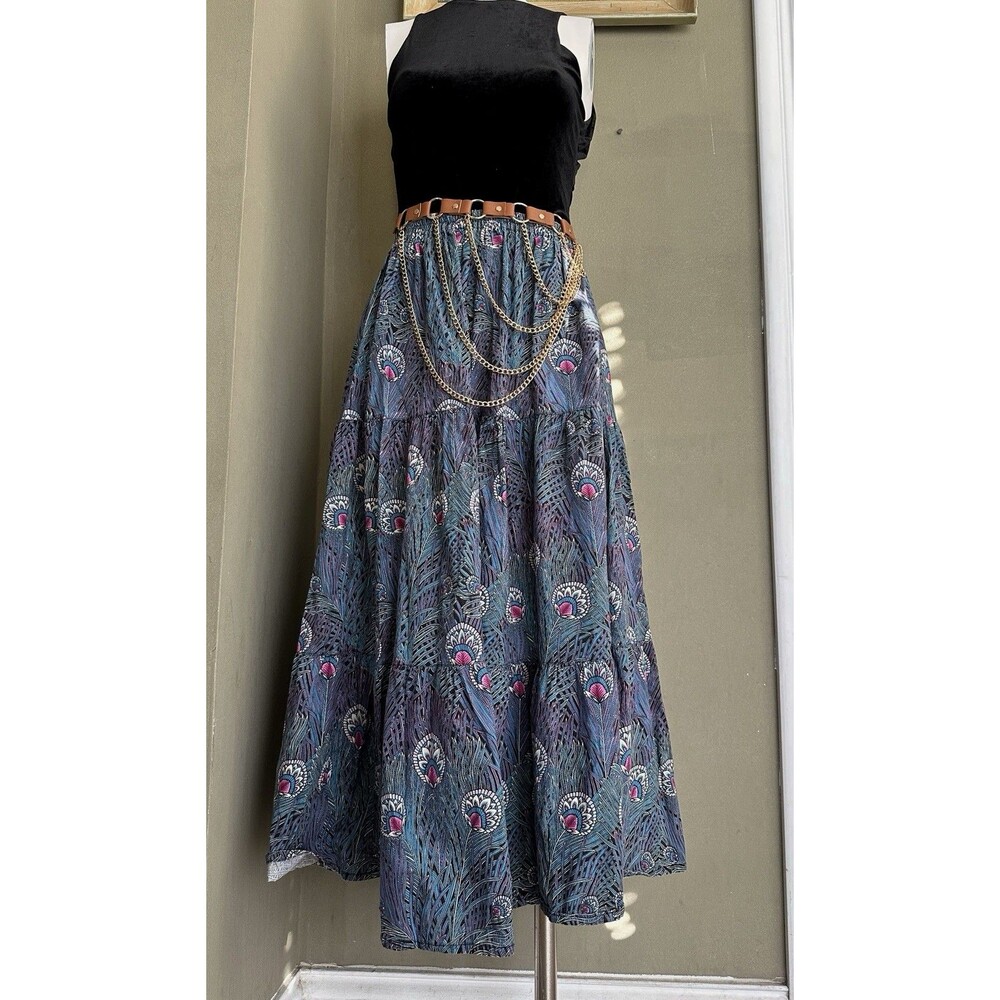 Vintage Joby Design Full Maxi Skirt‎ Peacock Feather Teal Purple S/M  Boho USA - Picture 2 of 12